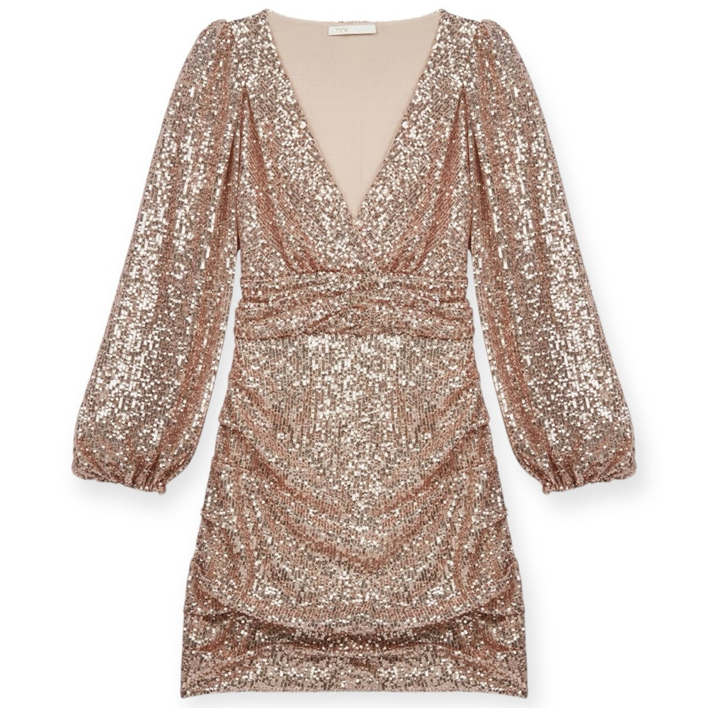 Maje Ripaillette Sequin Mini Dress Rose Gold Long Sleeve Size 2 Small fits 4 NWT